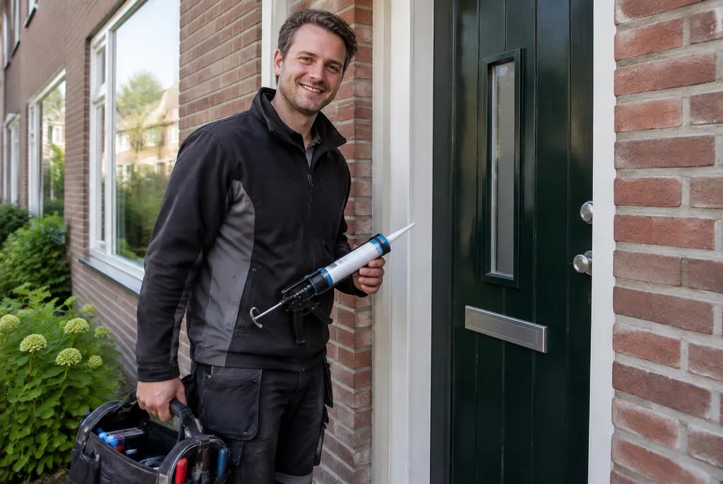 Vakman van Kitbedrijf Linschoten bij de voordeur van een woning